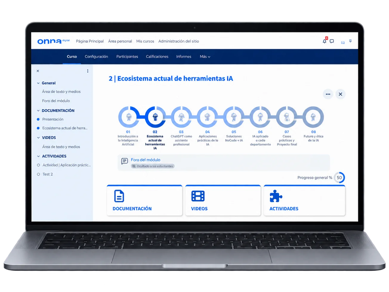 Plataforma de formación de Onna Digital: módulos del curso, documentación, vídeos y actividades