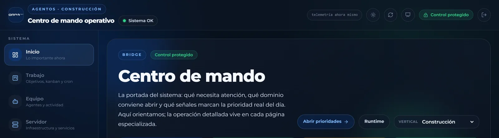 Portada — Qué necesita atención hoy, en qué está el equipo y el selector de sector.
